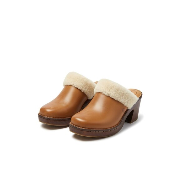 Børn “Cata” Shearling Lined Leather Heeled Clogs Tan Brown Women’s 7M - Picture 1 of 11
